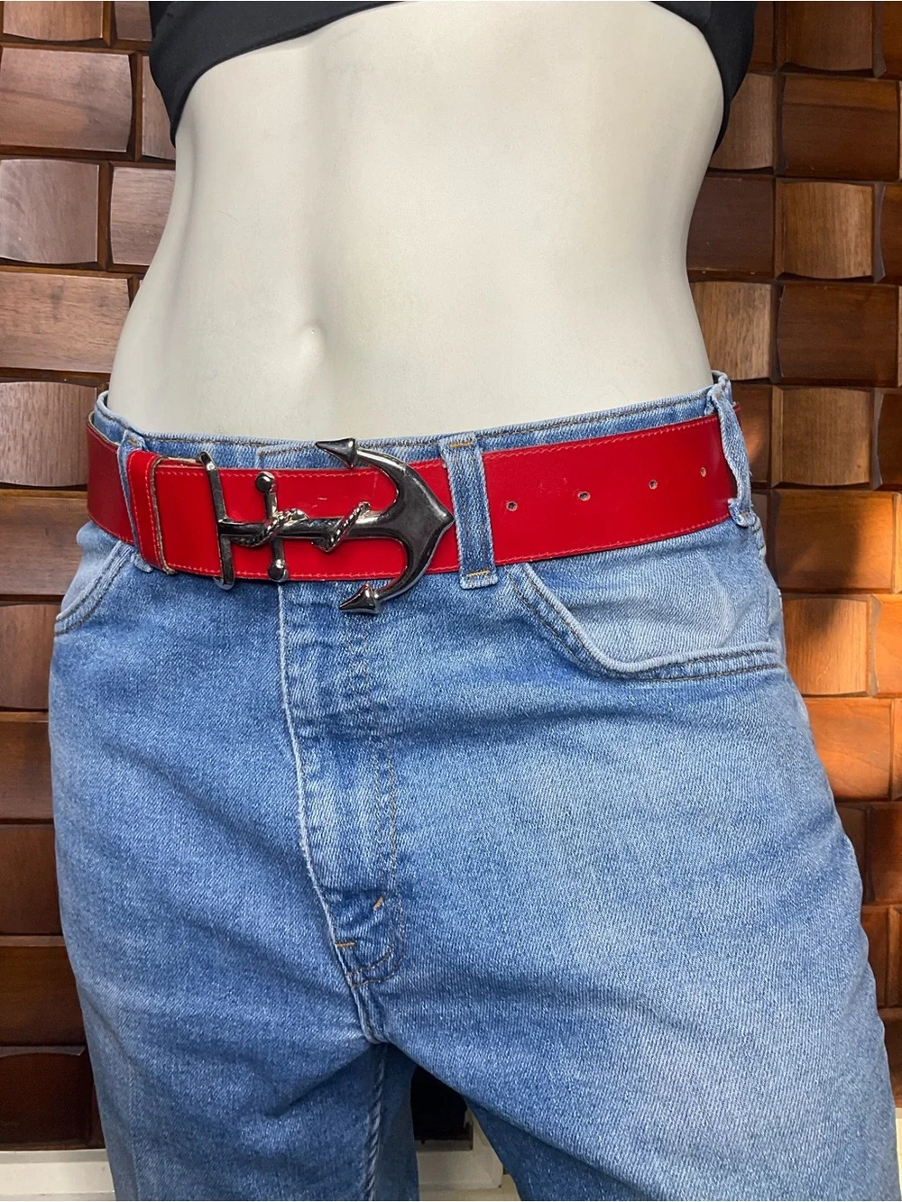 Vintage Nautical red leather anchor belt Sailor Made in USA Size Small Medium